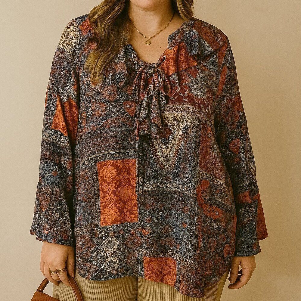 Boho Patchwork Paisley Blouse XL New Directions Ruffle Tie Neck Retro Top